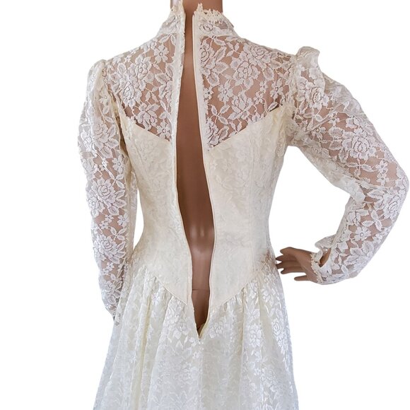 Vintage Victorian Wedding Dress XS Maxi Cream Lace Beads Tulle Lined Zip USA - Picture 6 of 15